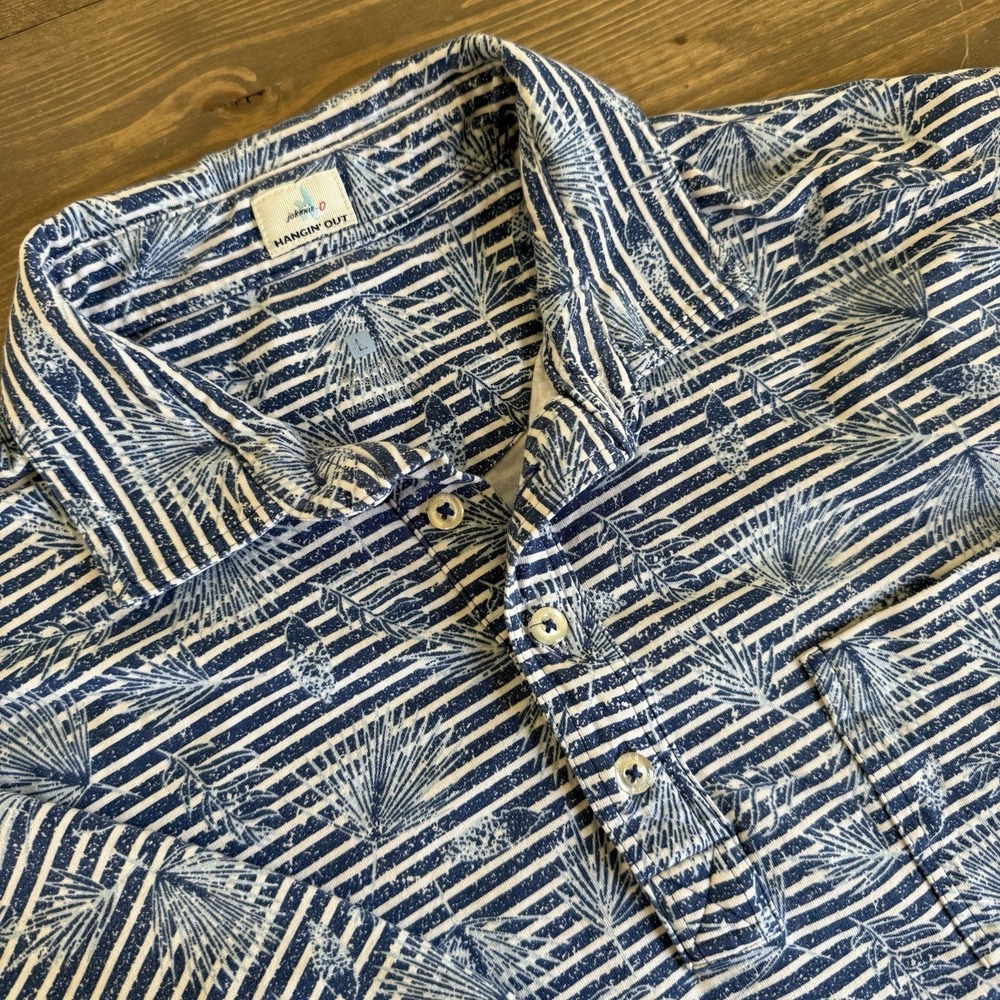Johnnie-o Men's Large Blue White Stripe Freddie Hangin Out Short Sleeve Polo